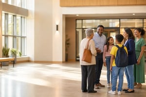 Diverse community group talking in a warm, welcoming, modern center